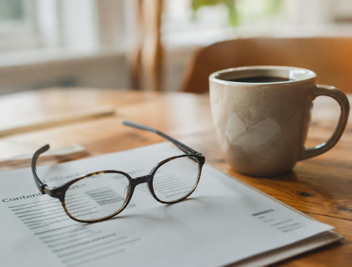 A pair of reading glasses resting on paperwork