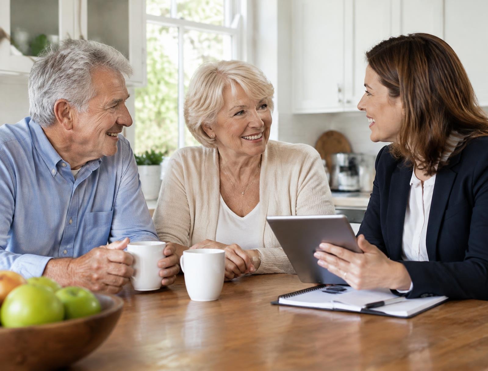 A smiling older couple talking with a friendly insurance agent at their kitchen table