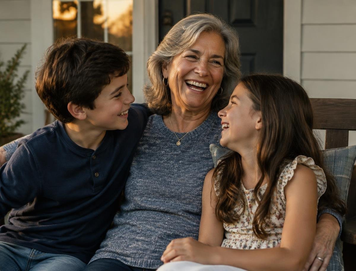 Grandmother spending time with her grandchildren on a sunny porch