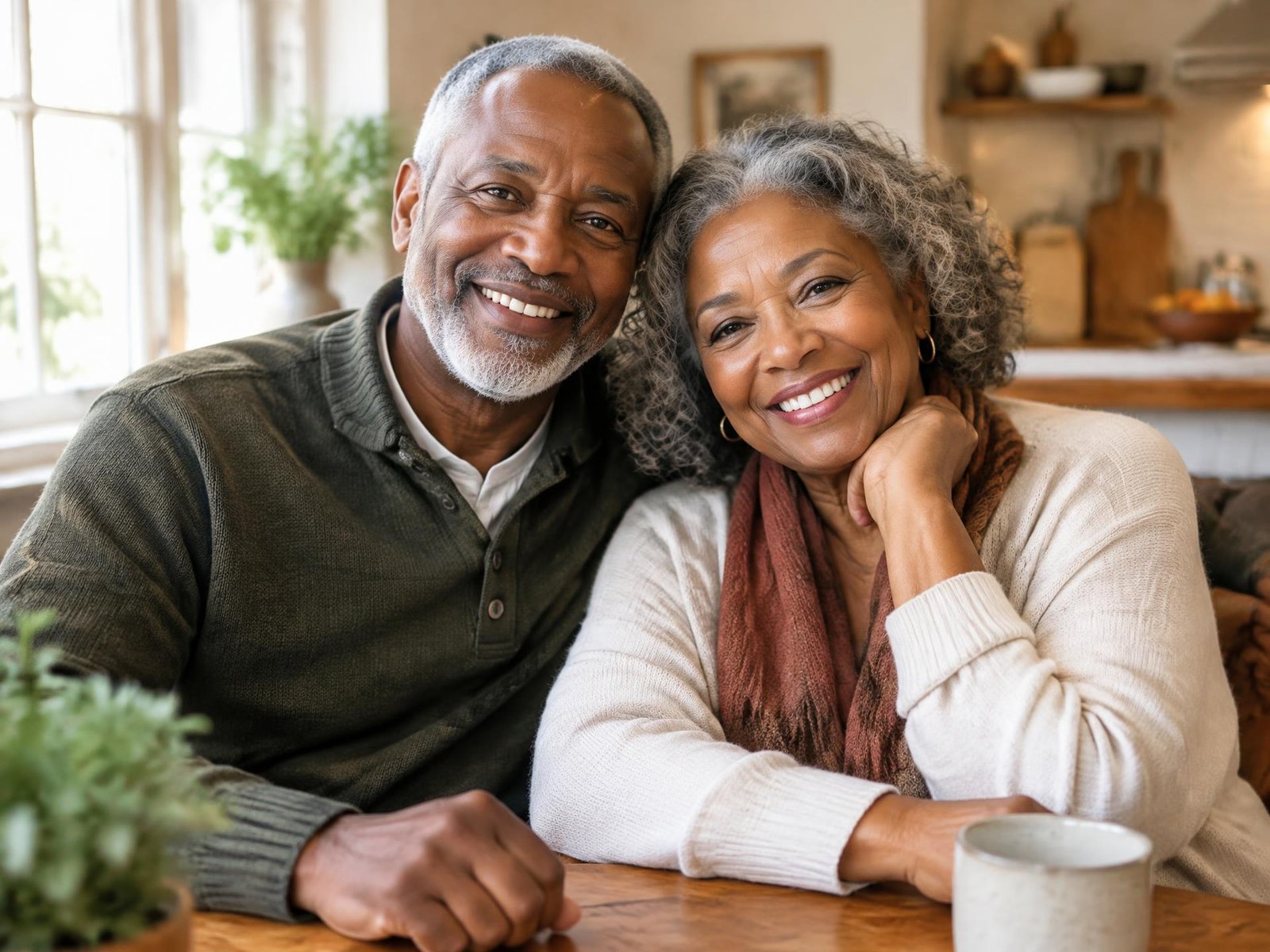 A happy couple smiling together at home
